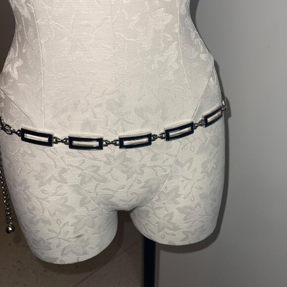 Vintage Womens Belt One Size Silver Enamel Rectangular Chain - Picture 3 of 13